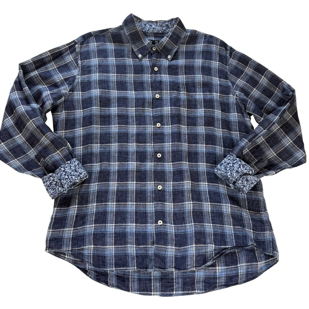 Forsyth of Canada 1903 Mens Blue Plaid Linen Button Down Shirt XL Preppy